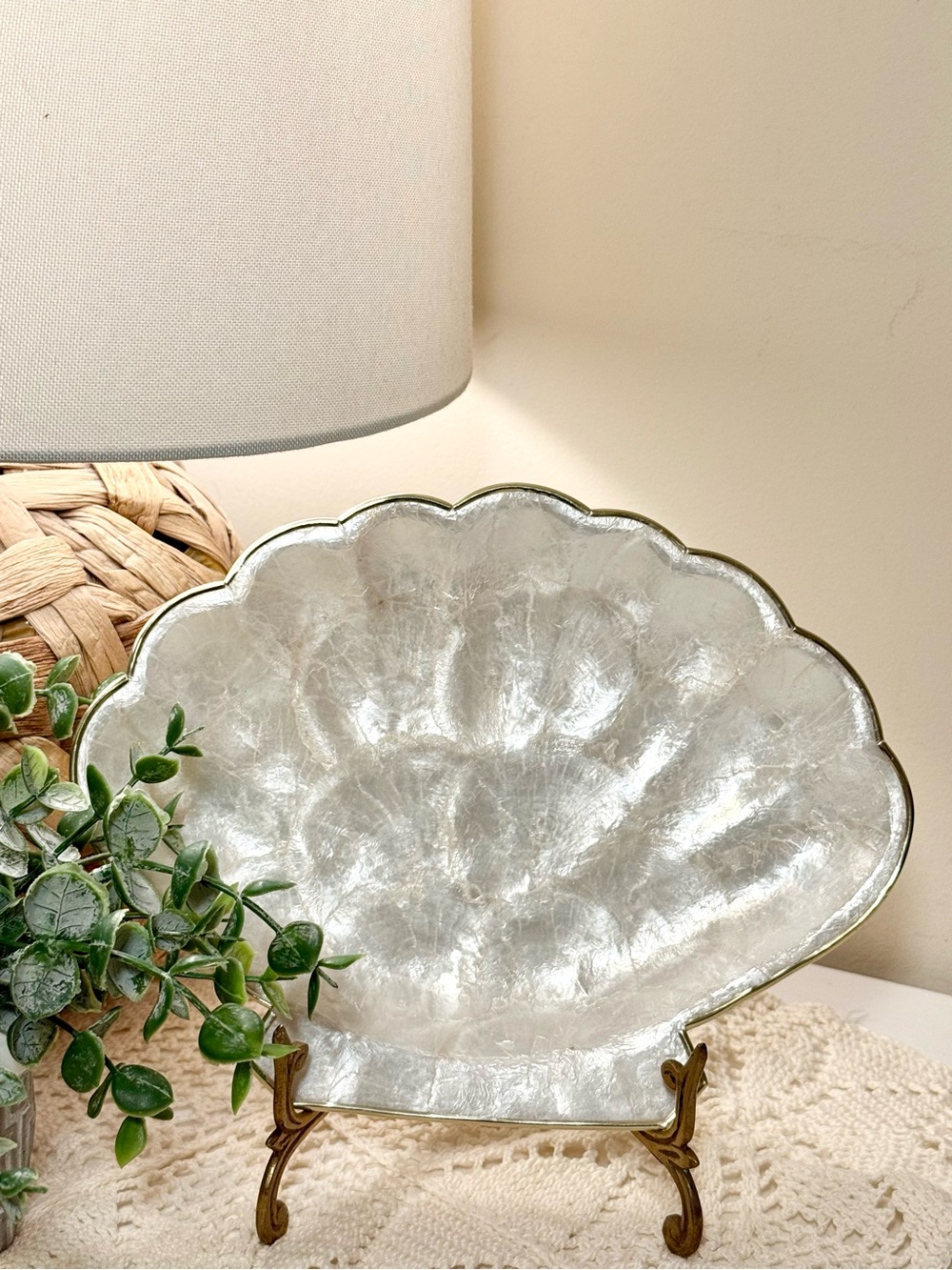 Capiz Shell Scallop Tray with Gold Trim - Coastal Decor